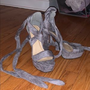 Grey Lace Up Heels Velvet Material